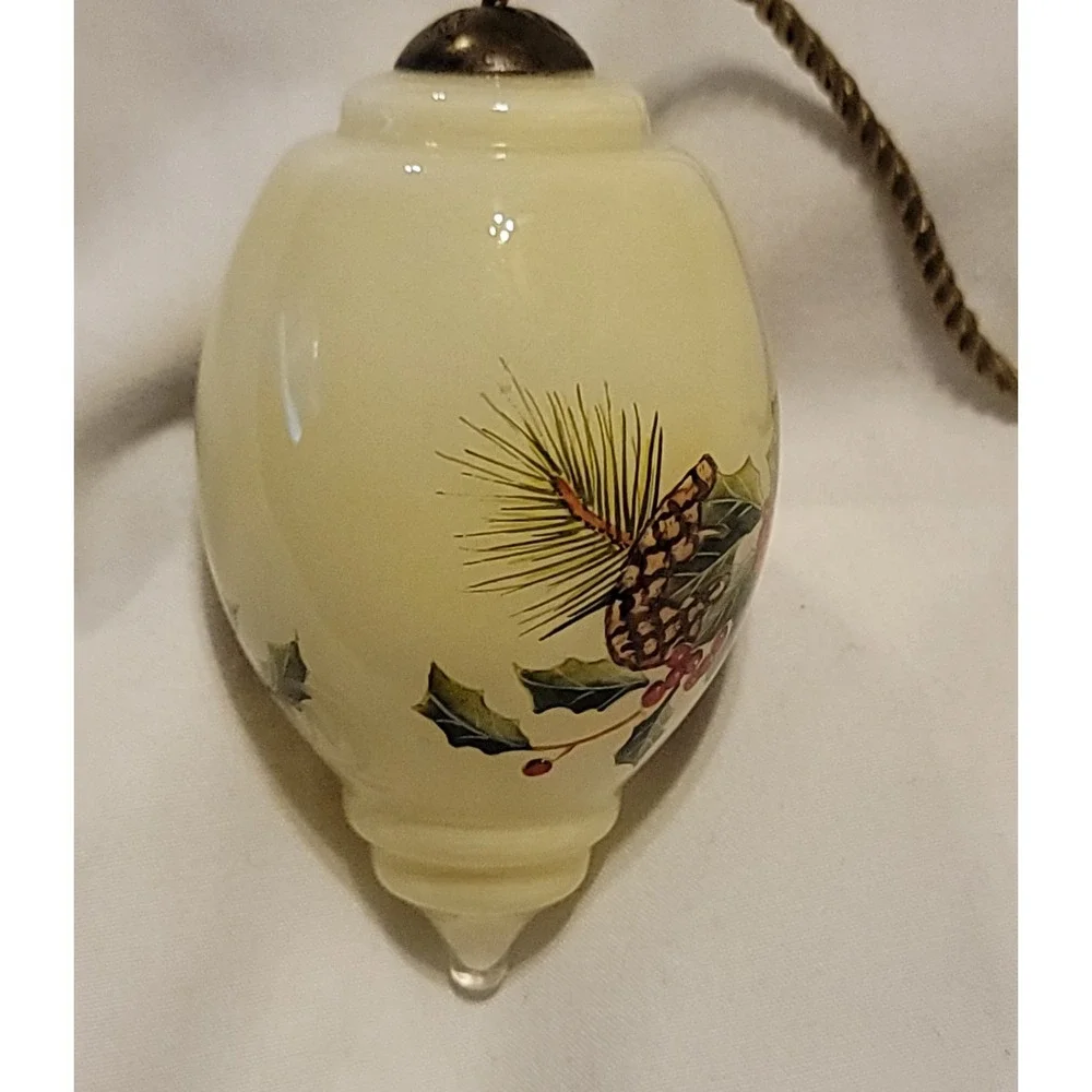 Ne'Qwa Art Hand Blown Glass Reverse Painted Cardinal, Holly, Pine Cones Ornament